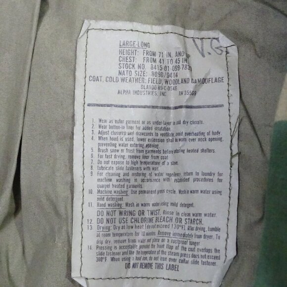 Vtg Alpha Industries US Army Camouflage Cold Weather Field Coat Men Size L LONG - Picture 7 of 10